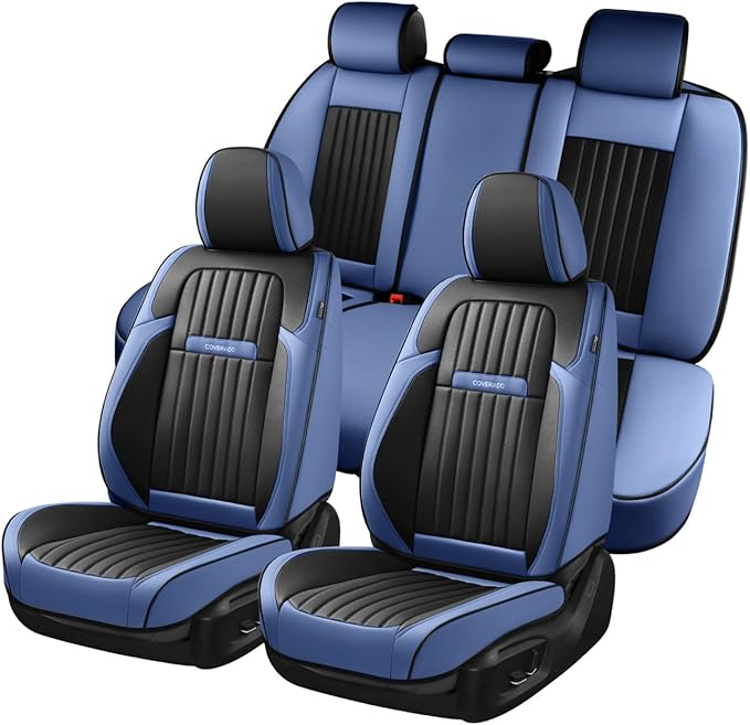 Coverado Car Seat Covers Full Set, Nappa Leather Seat Covers for Cars, Car Seat Cushion Car Seat Protector, Front and Back Seat Protectors Cushions Universal Fit for Most Cars Vehicles(Blue&Black)