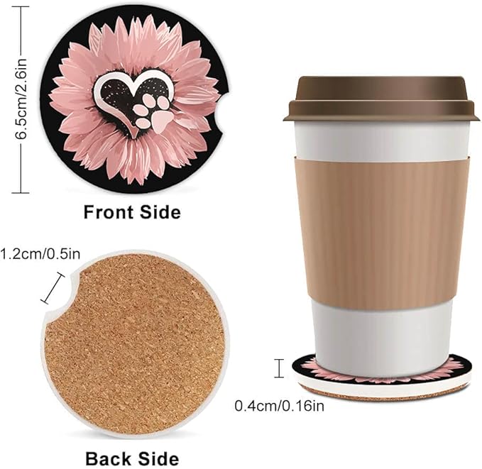 Sunflower Pink Flowers Dog paw Absorbent Cup Holders Car Coasters,Ceramic Stone Drinks Coaster Set for Women Man 2.56"(2 Pack)