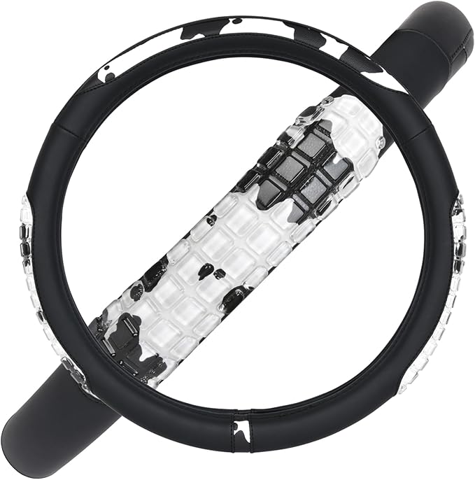 Flying Banner car Steering Wheel Cover Gel Massage Velvet Cool Warm Universal Size 15 inches SUV Truck Anti Slip Odorless Summer Winter (Black Cow Print, Gel Massage)