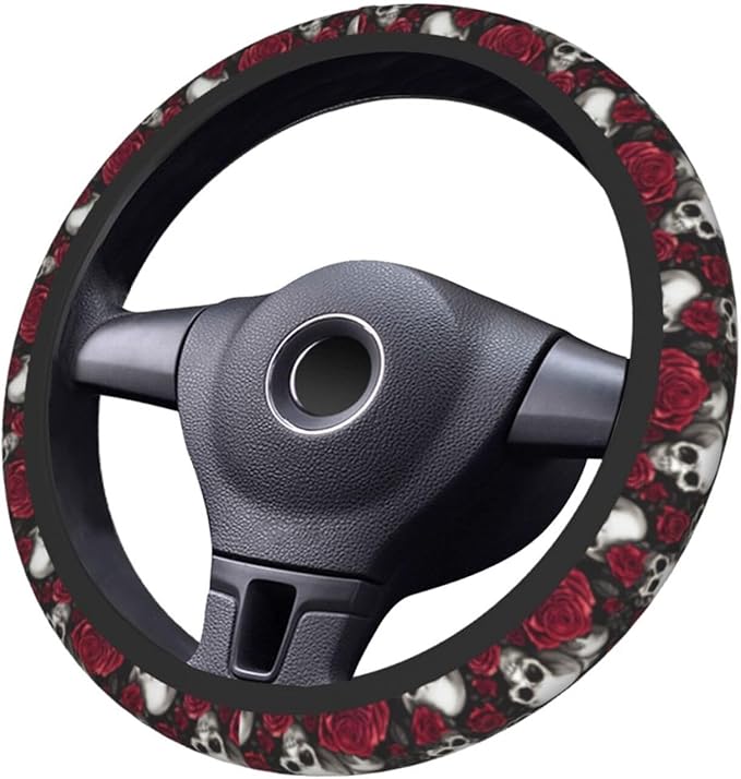 Skull Rose Steering Wheel Cover with 2 Car Coasters Non Slip Neoprene for Women Men Universal 15 Inch