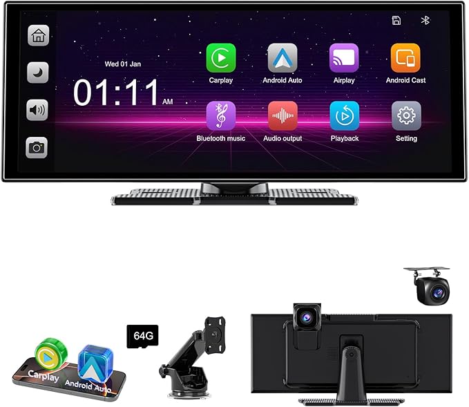 [11" Fully Laminated 60fps Touchscreen] -Accfly Wireless car Play Screen for Apple carplay &Android Auto, OTA Updates -HD Front Dashcam & Backup Camera, Car Stereo Radio/GPS Navigation/BT Audio