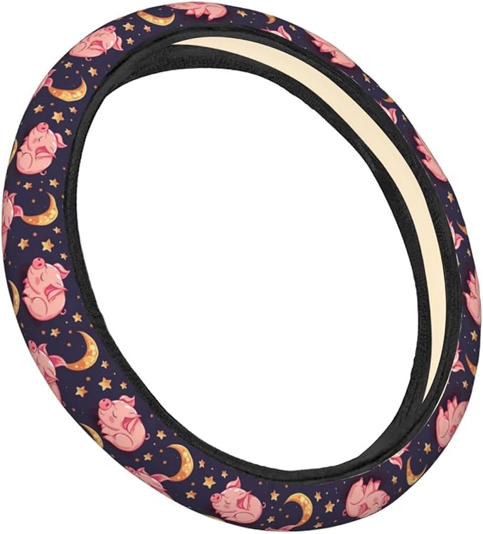 Sleeping Cut Pig Moon Steering Wheel Covers Anti-Slip Elasticity Car Accessories Steering Wheel Protector Universal 15 Inch for Cars SUV Vehicle Truck
