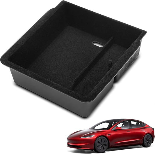 YHTAUTO Armrest Upper Tray Fit 2024 2025 Tesla Model 3 Highland, Center Armrest Storage Box with Sunglass Holder Non-Slip - Flocking Inside Interior Accessories 1PC