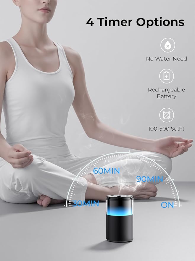 Waterless Diffuser for Essential Oil: Mini Battery Scent Diffuser for Room&Home&Car with 9 Colors LED Light - Aroma Cool Mist Obsidian Black