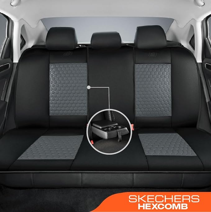 Skechers Memory Foam™ Car Seat Cover Full Sets, Hexcomb Breathable Thick Seat Covers, Airbag Compatible, Automotive Comfort & Protection Universal for 95% Cars,Van,Trucks, SUVs Grey