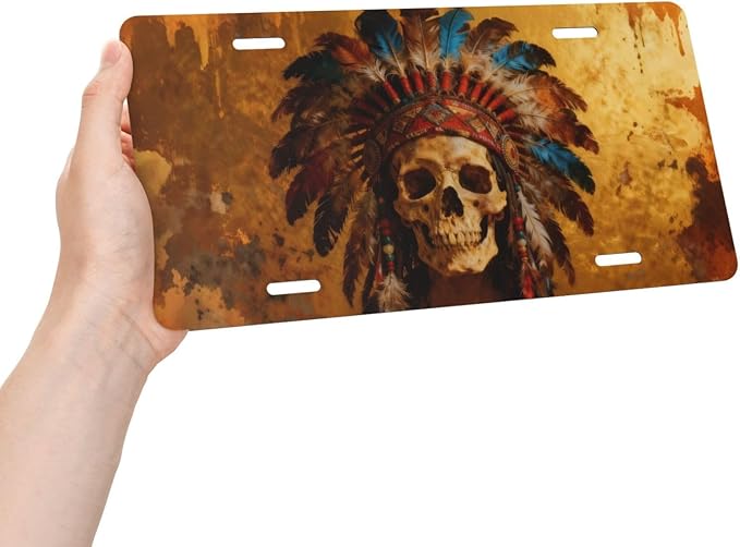 Native American Skull Feathered Hat Front License Plate Car Decorative License Plates Aluminum Metal Decor Accessory Novelty Vanity Tag Cover with 4 Holes for Men Women 6" X 12"