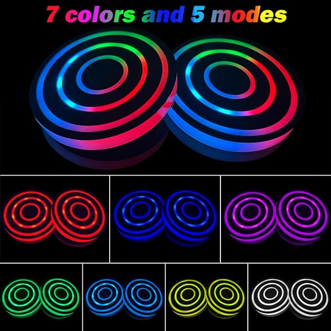 2 Pcs LED Car Cup Holder Lights,USB Charging Car Coasters,7 Colors Luminescent Light Cup Pad,Luminescent Cup Pad Interior Atmosphere Lamp Decoration Light (Circle Ring)