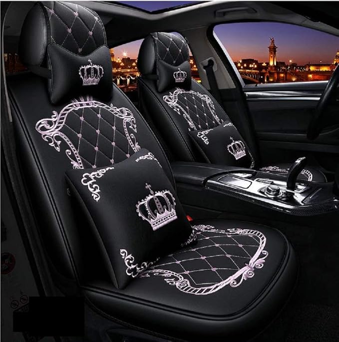Skysep Crown Full Set Universal Fit 5 Seats Car Surrounded Waterproof Leather Car Seat Covers Protector Adjustable Removable Auto Seat Cushions with 2 Waist Pillows 2 Headrest Pillows (Black and Pink)