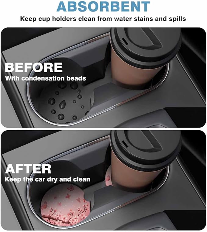 Pink Cherry Blossom Car Coasters for Cup Holders Car Cup Holder Coasters 2 Pack for Car, Anti Slip Ceramic Car Cup Mat with Finger Notch Cute Car Interior Accessories for Women Men