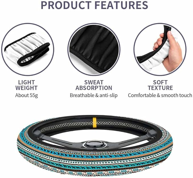Tribal Ethnic Pattern with Horse Silhouette and Traditional Symbols Elastic Steering Wheel Cover Steering Wheel Cover Anti Slip Protective Case Universal Stretch Steering Protector