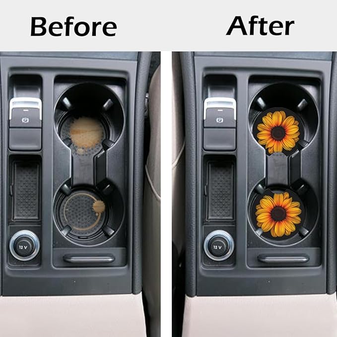 2 Pcs Car Cup Coasters, Sunflower Universal Non-Slip Rubber Car Coasters for Cup Holders 2.75 inch, Car Interior Accessories for Women