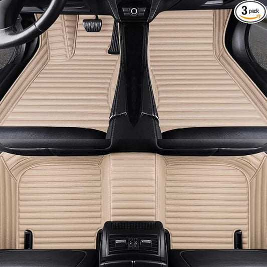 YaruicarCustom Car Floor Mats for 99.99% Sedan SUV Sports Car Men Women Protection Full Coverage Pads Anti-Slip Leather Floor Lining All Weather Car Floor Mats (Beige Stripe)