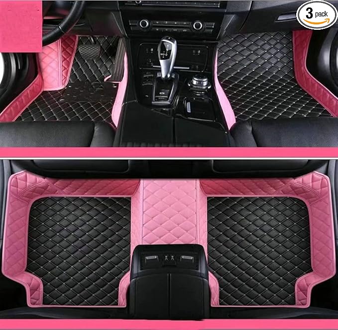 YaruicarCustom Car Floor Mats for 99.99% Sedan SUV Sports Car Men Women Protection Full Coverage Pads Anti-Slip Leather Floor Lining All Weather Car Floor Mats (Pink Black)