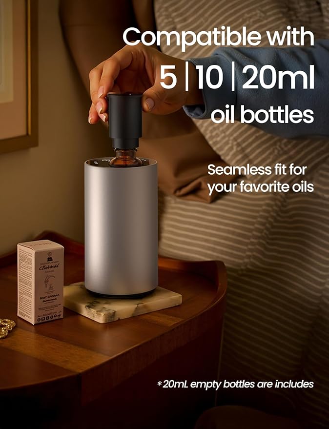 Waterless Essential Oil Diffuser, Rechargeable Scent Diffusers with 3 Mist Levels & Timers, Portable Aromatherapy Diffuser for Home Car Room Studio Office, Silver Metal