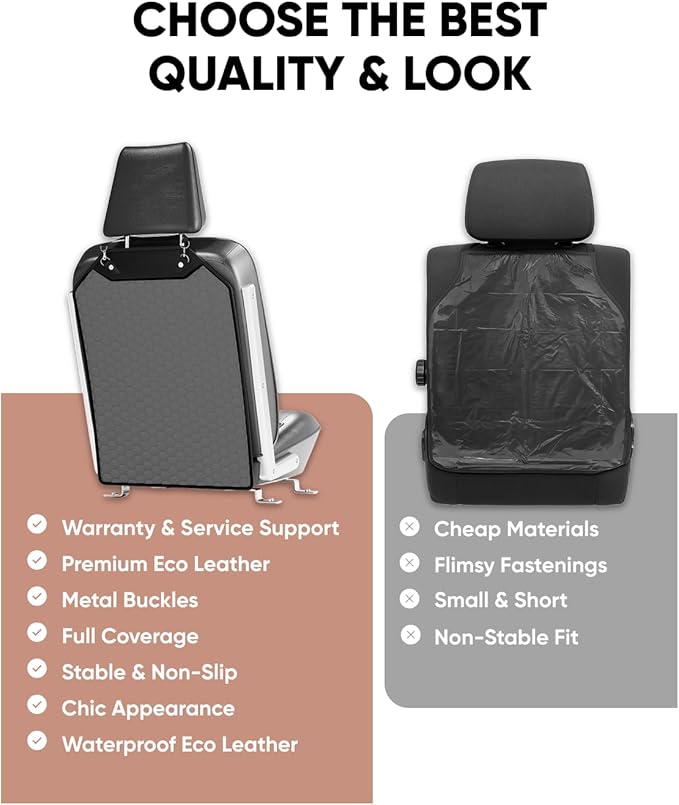 Owleys 2-in-1 Car Interior Guard Bundle | Eco Leather Seat Covers | Kick Mat and Protector | Premium Waterproof Road Trip Child Shield | Holiday for SUV Sedan Truck | Luxury Gray