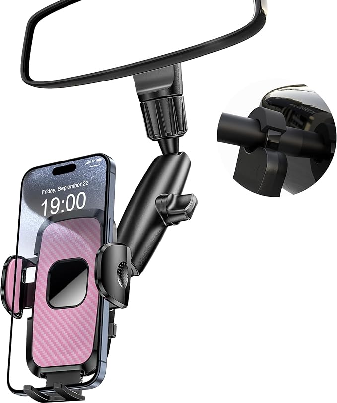 Rear View Mirror Phone Holder, 360° Rotating Car Phone Holder Mount Compatible with All 4-7 Inch iPhone and Android Cell Phones (Pink)