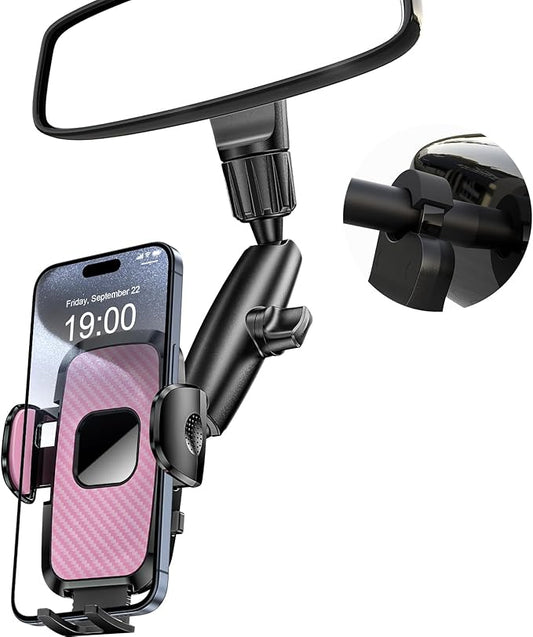 Rear View Mirror Phone Holder, 360° Rotating Car Phone Holder Mount Compatible with All 4-7 Inch iPhone and Android Cell Phones (Pink)