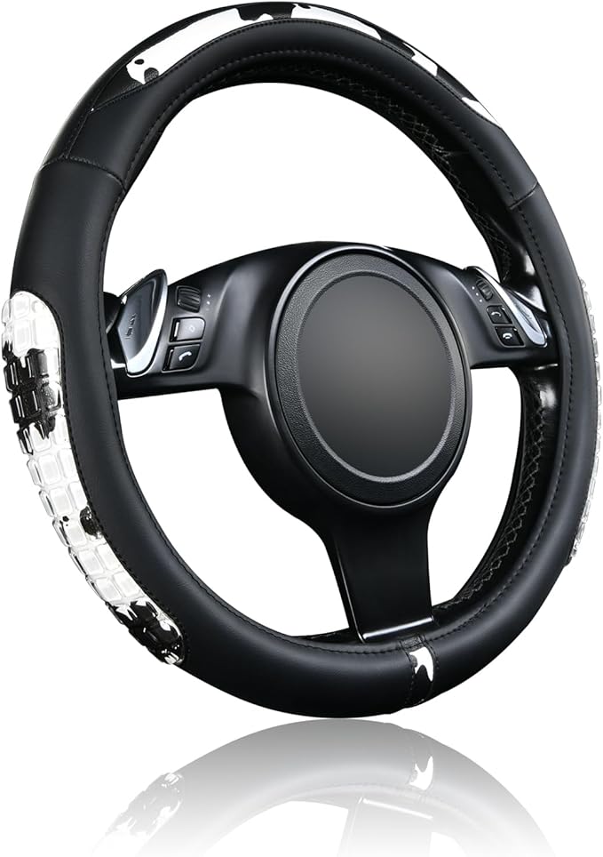 Flying Banner car Steering Wheel Cover Gel Massage Velvet Cool Warm Universal Size 15 inches SUV Truck Anti Slip Odorless Summer Winter (Black Cow Print, Gel Massage)