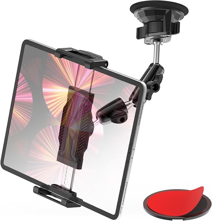 Dashboard Tablet Holder with Vacuum Suction Cup for Car/Truck, [360° Metal Foldable Adjustable Arm] Windshield Tablet Mount for iPad Pro/Air/Mini, Galaxy, 6.1-15.6" Device and Thickness Case