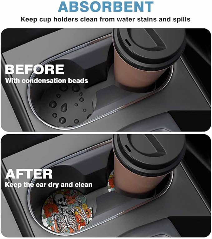 Skeleton Wildflower Car Cup Holder Coaster 2 Pack Absorbent Ceramic Car Coasters for Cup Holders Car Accessories Interior for Women Men Universal Anti Slip Cork Base Cup Coasters with Finger Notch