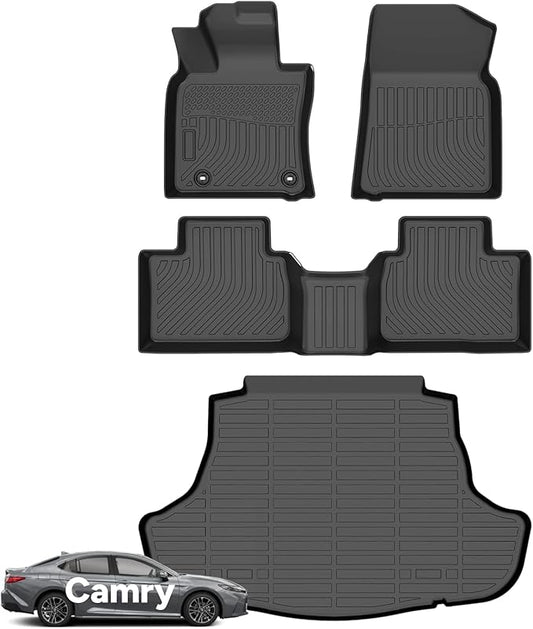 Wayhigh-for 2025 Toyota Camry Hybrid/LE/SE/XLE/XSE All Weather Floor Mats and Cargo Liner Set TPE Car Mats Waterproof Anti-Slip Rubber Trunk Liner Camry Accessories