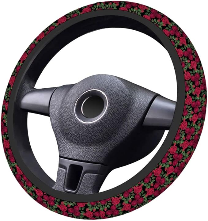 Swono Roses Red Car Steering Wheel Cover,Watercolor Red Roses with Green Leaves On The Black Safe Driving Anti-Slip Steering Wheel Covers Steering Wheel Protection Case No Smell Universal 15 Inch