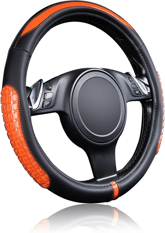 Flying Banner car Steering Wheel Cover Gel Massage Velvet Cool Warm Universal Size 15 inches SUV Truck Anti Slip Odorless Summer Winter (Black Orange, Gel Massage)