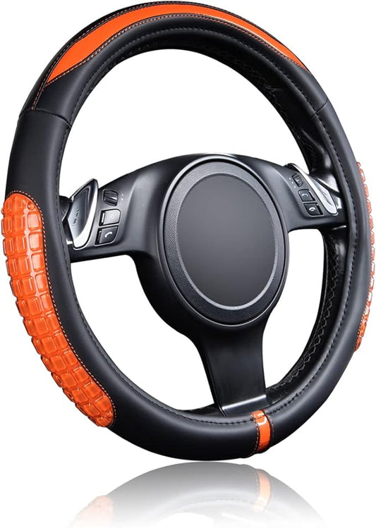 Flying Banner car Steering Wheel Cover Gel Massage Velvet Cool Warm Universal Size 15 inches SUV Truck Anti Slip Odorless Summer Winter (Black Orange, Gel Massage)
