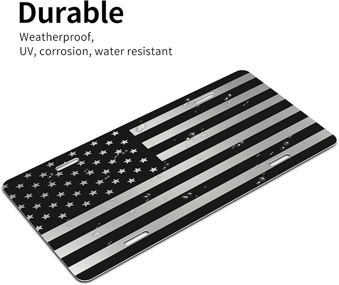 Black and Silver American Flag Front License Plate Aluminum Decorative License Plates Funny Metal Car Plate 6"X12" Novelty Vanity Tag Cover with 4 Holes Car Decor Accessory