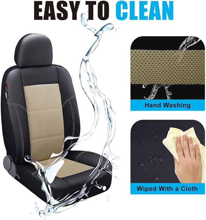 P&J AUTO Leather and Mesh Car Seat Cover Full Set in 9pcs Universal Fit for Cars Trucks Vans & SUVs Airbag Compatible (Beige)