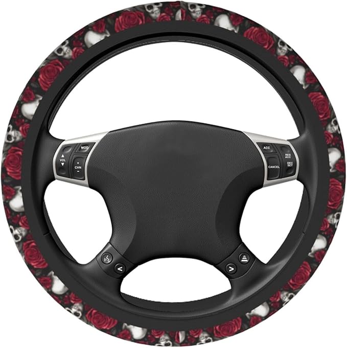 Skull Rose Steering Wheel Cover with 2 Car Coasters Non Slip Neoprene for Women Men Universal 15 Inch