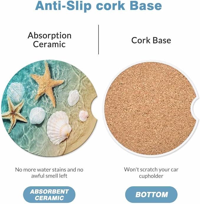Starfish and Seashel Car Coasters for Cup Holders Car Cup Holder Coasters 2 Pack for Car, Anti Slip Ceramic Car Cup Mat with Finger Notch Cute Car Interior Accessories for Women Men