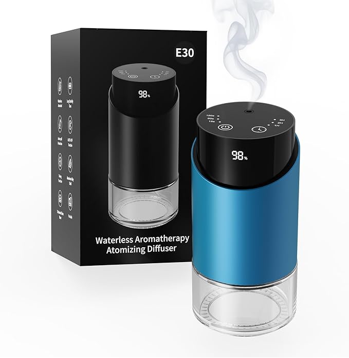 Waterless Essential Oil Diffuser Aromatherapy Scent Diffusers for Home Large Room, Car, Office, Desk, Mini Battery Operated Cordless Air Freshener, 4 Timers & 3 Mist Levels, 100ml Capacity (Blue)