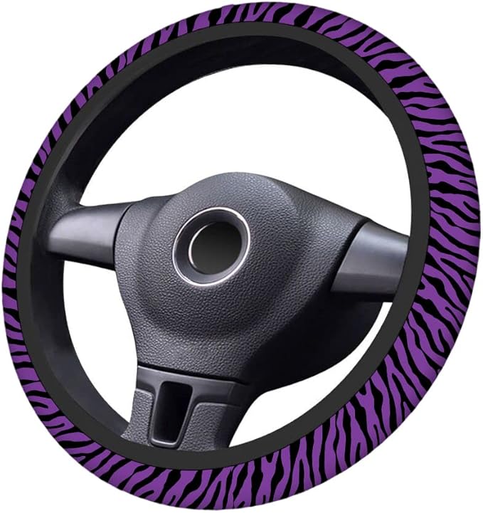 Swono Zebra Print Purple Car Steering Wheel Covers Funny Black and Purple Zebra Scale Print Universal Fit 15 Inch Anti-Slip Steering Wheel Protector Cover Stretch-On Fabric Automotive Car SUV Sedans