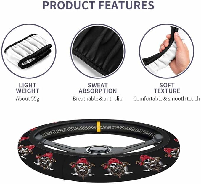 Skeleton Pirate Crew Steering Wheel Cover Wearing Red Hat and Holding Sword Steering Wheel Cover Women Men Anti-Slip Breathable Steering Wheel Protector Car Accessories