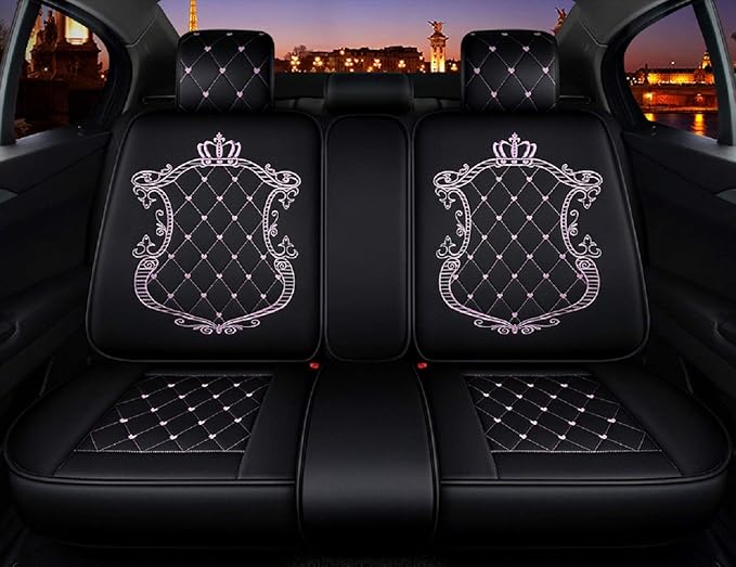 Skysep Crown Full Set Universal Fit 5 Seats Car Surrounded Waterproof Leather Car Seat Covers Protector Adjustable Removable Auto Seat Cushions with 2 Waist Pillows 2 Headrest Pillows (Black and Pink)