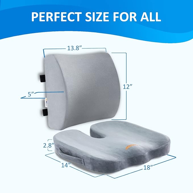 SAIREIDER Lumbar Support Pillow and Office Chair Cushion, Memory Foam Car Seat Cushions Back Support Pillows, Reduce Pressure On Tailbone and Sciatic Nerve, Relieve Pain of Back and Lumbar(Grey)