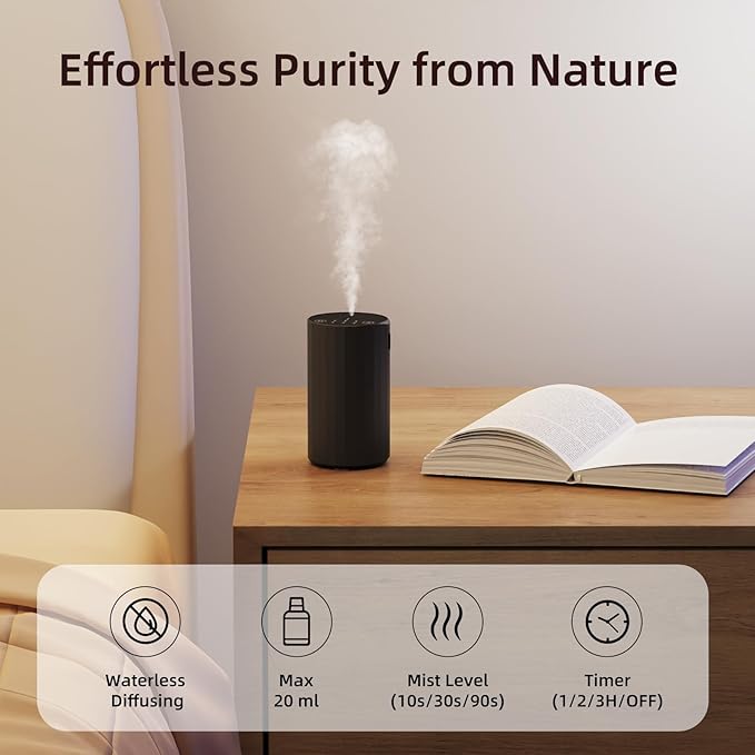 Waterless Essential Oil Diffuser Aromatherapy Scent Diffusers for Home Large Room, Bedroom, Car, Office, Desk, Battery Operated Mini Portable Air Freshener, 3 Countdown Timers & 3 Mist Levels