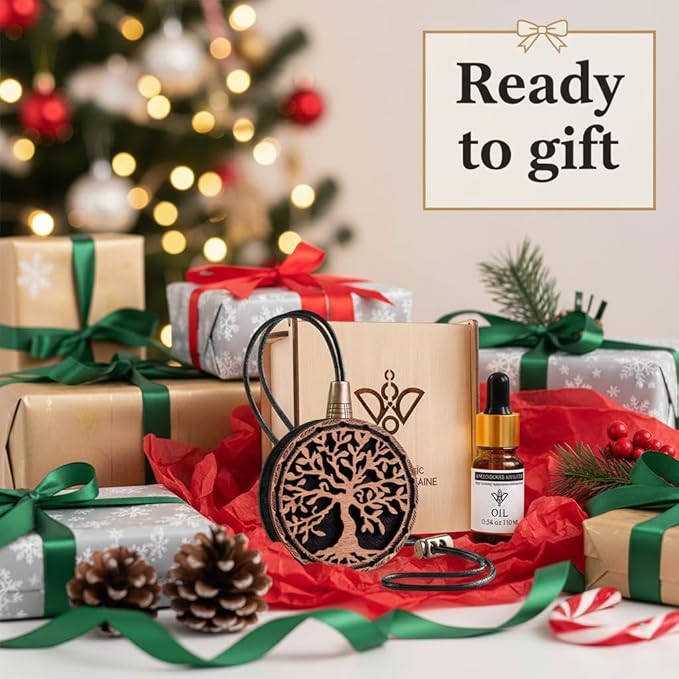 Wood Car Air Freshener — Handmade Car Air Freshener — Tree Of Life Designed Fragrance Oil Diffuser in Wooden Gift Box — Aromatherapy Gift Set with Ocean Breeze Fragrance Oil - 10 ml