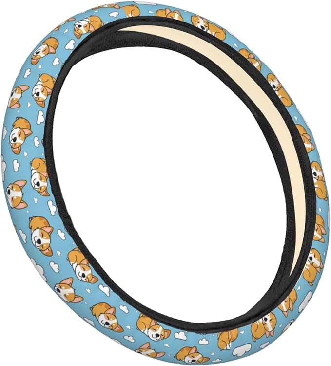Sleep Corgi Cute Dog Clouds Steering Wheel Covers Anti-Slip Elasticity Car Accessories Steering Wheel Protector Universal 15 Inch for Cars SUV Vehicle Truck