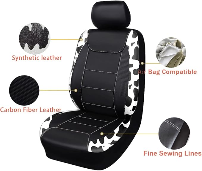 Flying Banner car seat Covers Protects Water Proof Faux Leather Carbon Fiber Front and Rear Bench (Cow Black, Full Set - 8PCS)