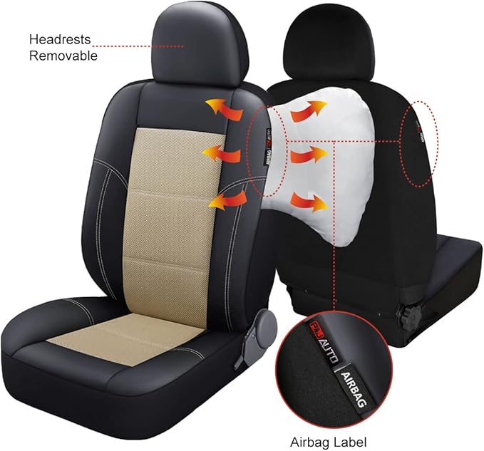 P&J AUTO Leather and Mesh Car Seat Cover Front Pair Universal Fit for Cars Trucks Vans & SUVs Airbag Compatible (Beige)