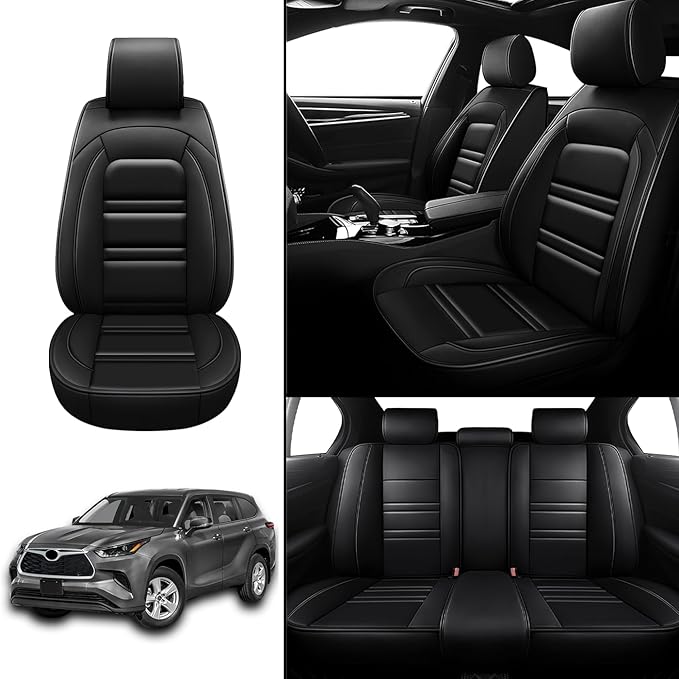 Seat Covers for Toyota Highlander 2001-2025 | 5-Seats Leather Seat Covers, Easy to Install Automotive Seat Covers Full Set (Full Set, Black)