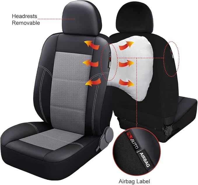 P&J AUTO Leather and Mesh Car Seat Cover Front Pair Universal Fit for Cars Trucks Vans & SUVs Airbag Compatible (Grey)