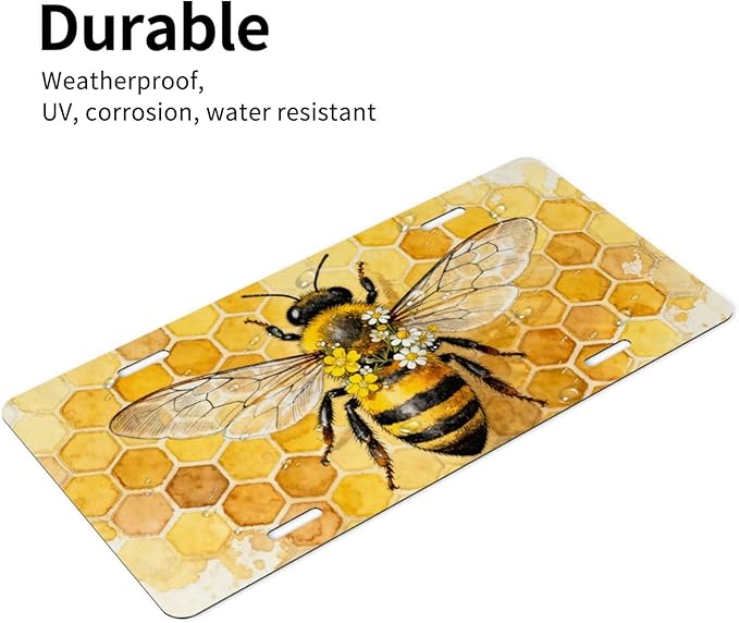 Bee Honeycomb Front License Plate Car Decorative License Plates Aluminum Metal Decor Accessory Novelty Vanity Tag Cover with 4 Holes for Men Women 6" X 12"