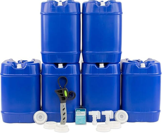 Legacy Food Storage Emergency Water Storage Containers, Long Term 5 Gallon Water Tank - 6 Stackable Food Grade Tanks Included, for Camping, Prepping, Survival - 30 Gallon Total Capacity