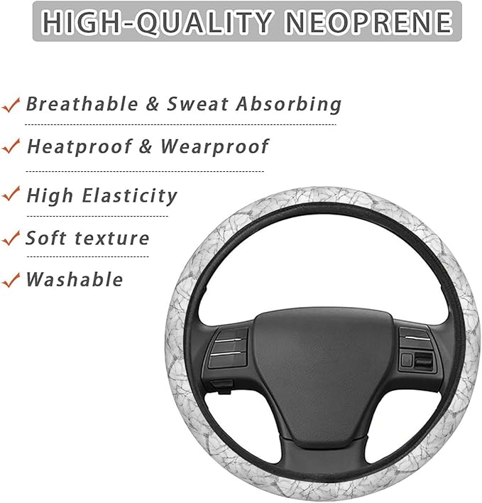 White Marble Texture Steering Wheel Covers Anti-Slip Elasticity Car Accessories Steering Wheel Protector Universal 15 Inch for Cars SUV Vehicle Truck
