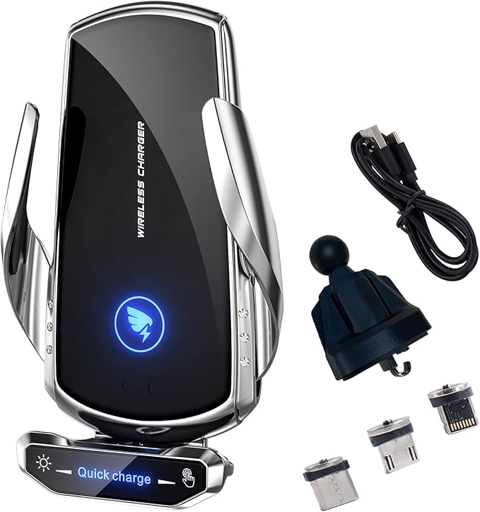 Wireless Car Charger Mount Automotive Electric Induction 15W Fast Charging Auto Clamping Car Phone Holder Mount Wireless Charging Mount Air Vent Phone Holde Compatible with All Android (Silver)