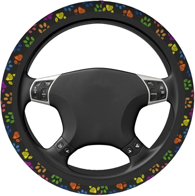 Paw Prints Steering Wheel Cover with 2 Car Coasters Non Slip Neoprene for Women Men Universal 15 Inch