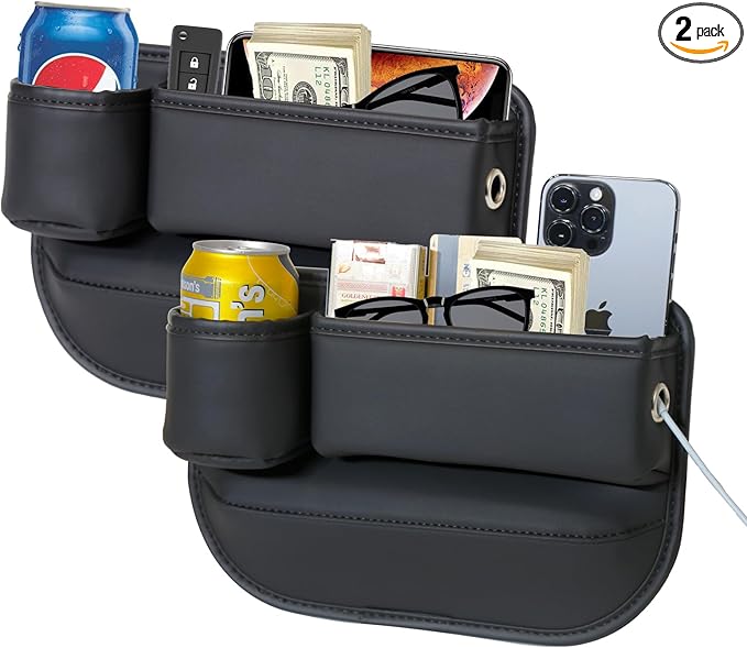 2 Packs Car Seat Gap Filler Organizer, Car Seat Organizer, Seat Gap Storage Box with Cup Holders for Drink, Car Leather Cup Holder Gap Bag Front Seat for Phone, Sunglasses,Keys(Left+Right Side)
